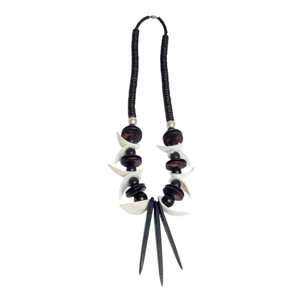Tribal‎ Statement Necklace 15in Wood Shell Spike Beads Boho Ethnic Black White - Picture 5 of 7